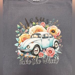 Comfort Colors Gray Tee with Car and Floral Design